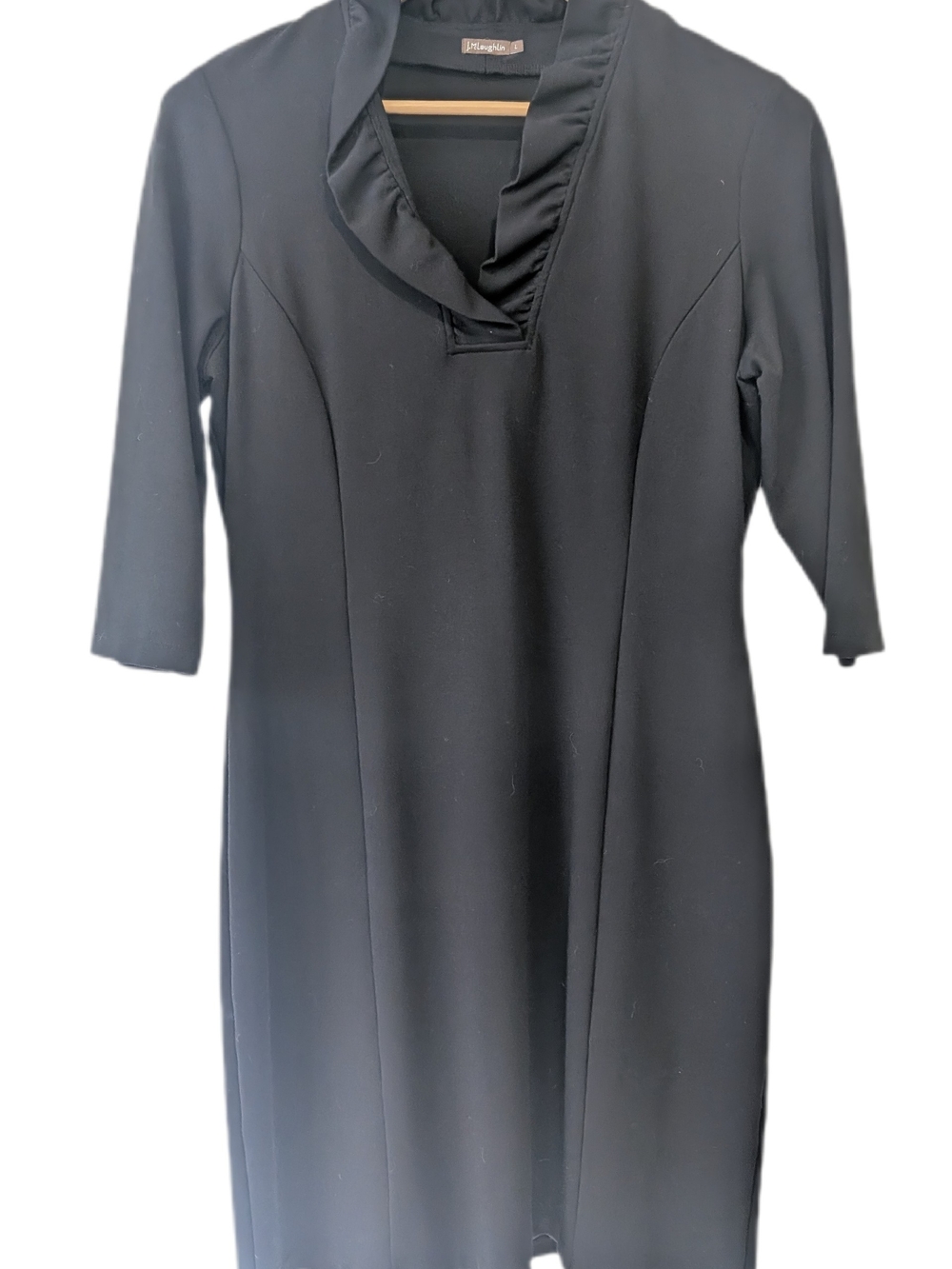 J. McLaughlin Black Stretch Jersey Midi Dress with Ruffle V-Neck -L-